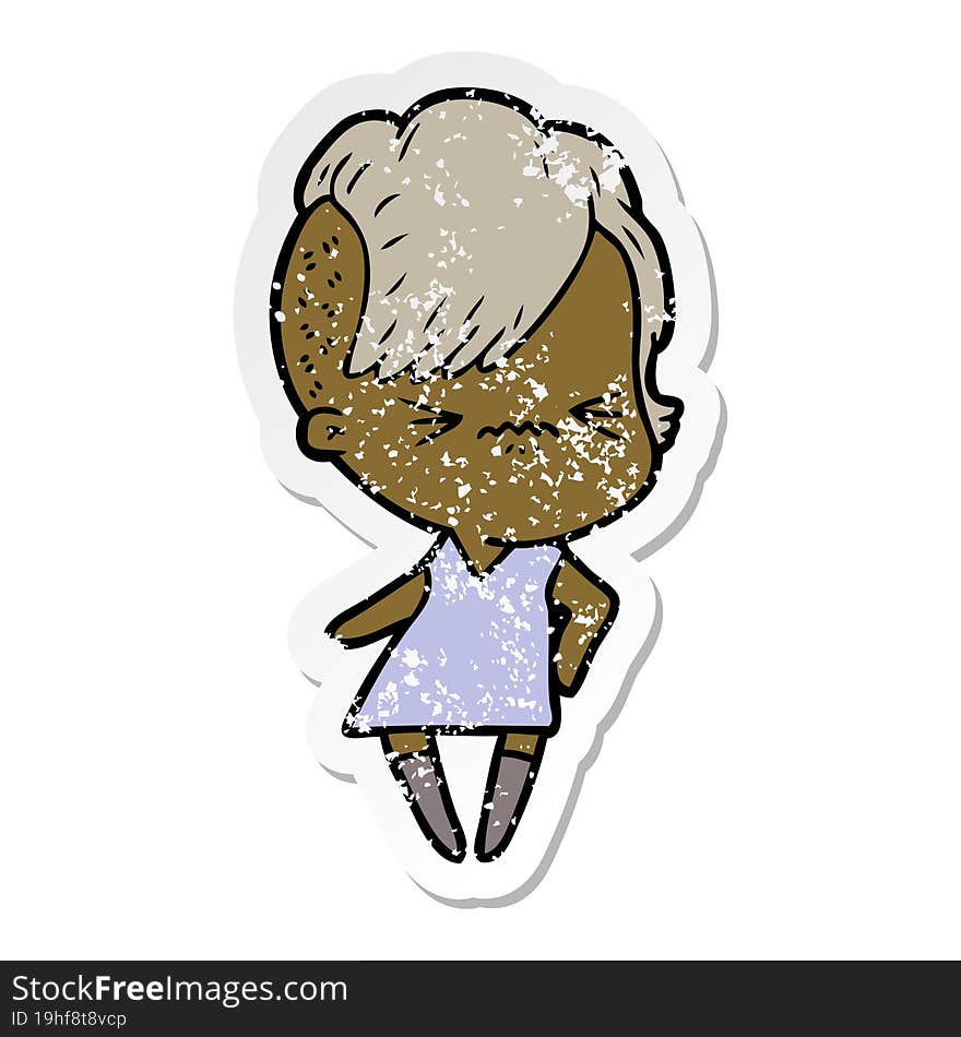 Distressed Sticker Of A Cartoon Annoyed Hipster Girl