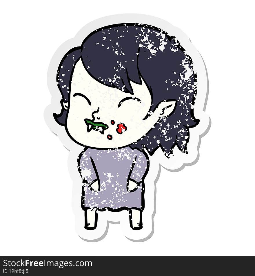 distressed sticker of a cartoon vampire girl with blood on cheek