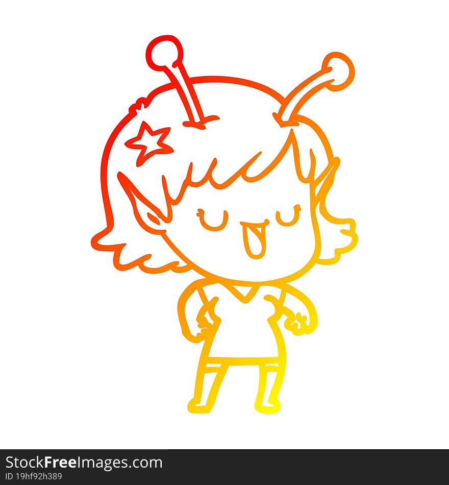 warm gradient line drawing of a happy alien girl cartoon laughing