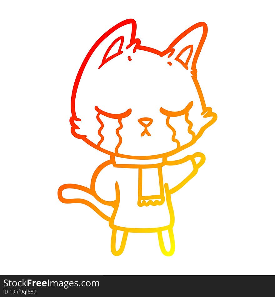 warm gradient line drawing crying cartoon cat wearing winter clothes