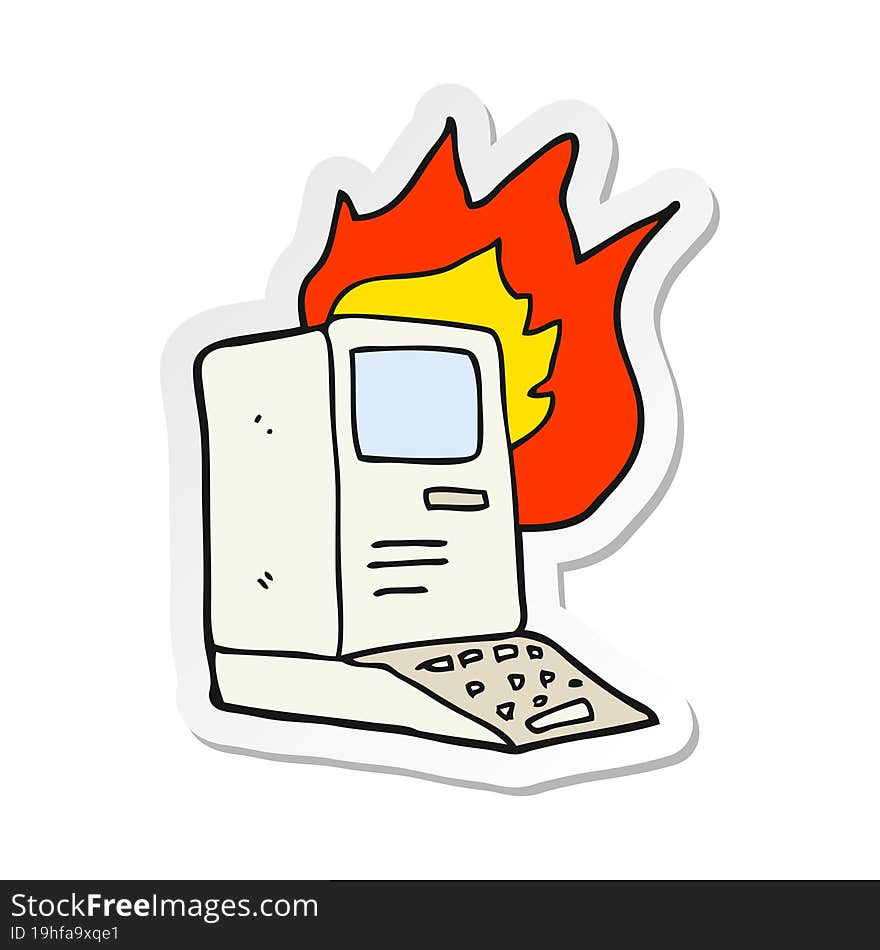 sticker of a cartoon old computer on fire