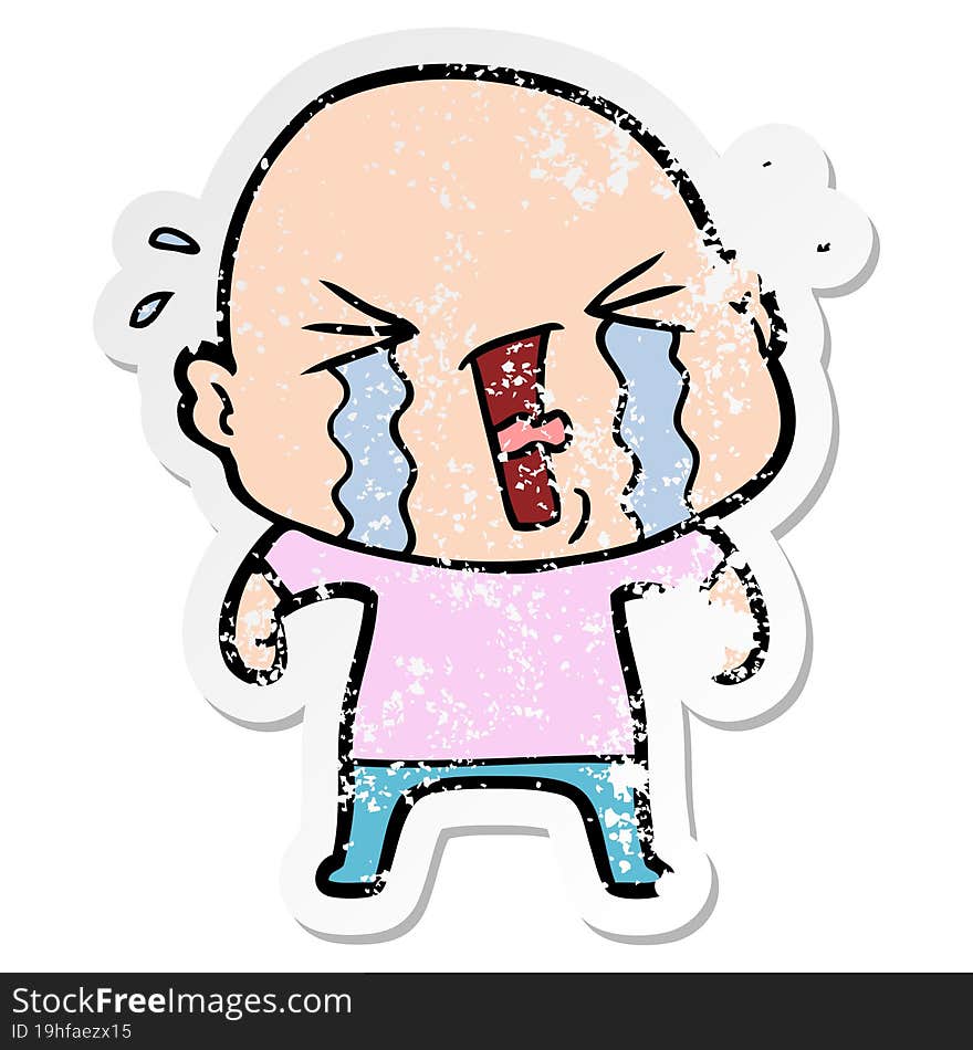 distressed sticker of a cartoon crying bald man