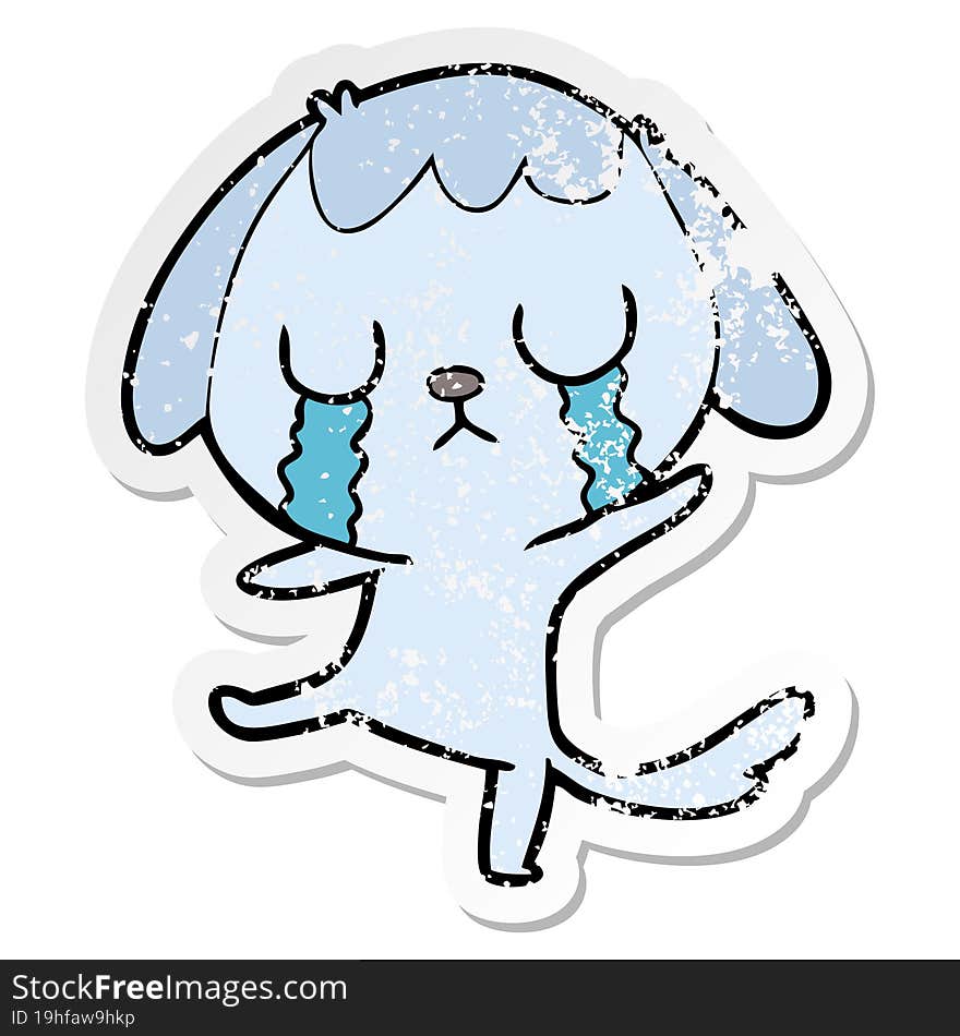 Distressed Sticker Of A Cute Cartoon Dog Crying