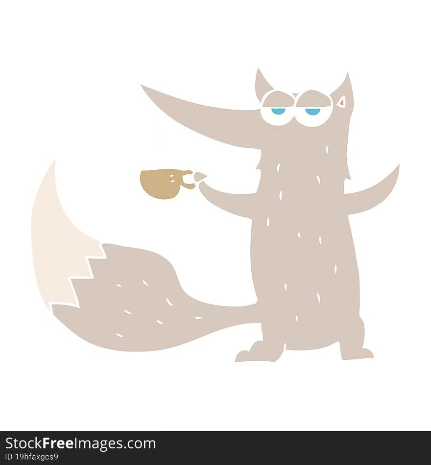 flat color illustration of wolf with coffee cup. flat color illustration of wolf with coffee cup