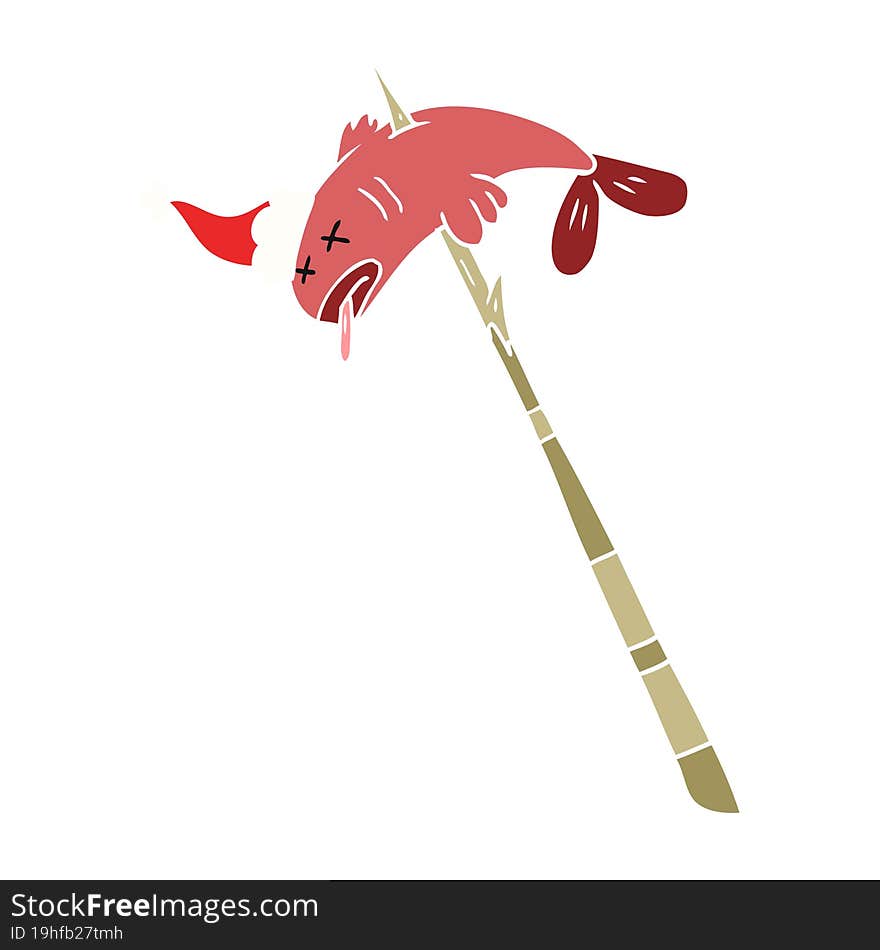 flat color illustration of a fish speared wearing santa hat