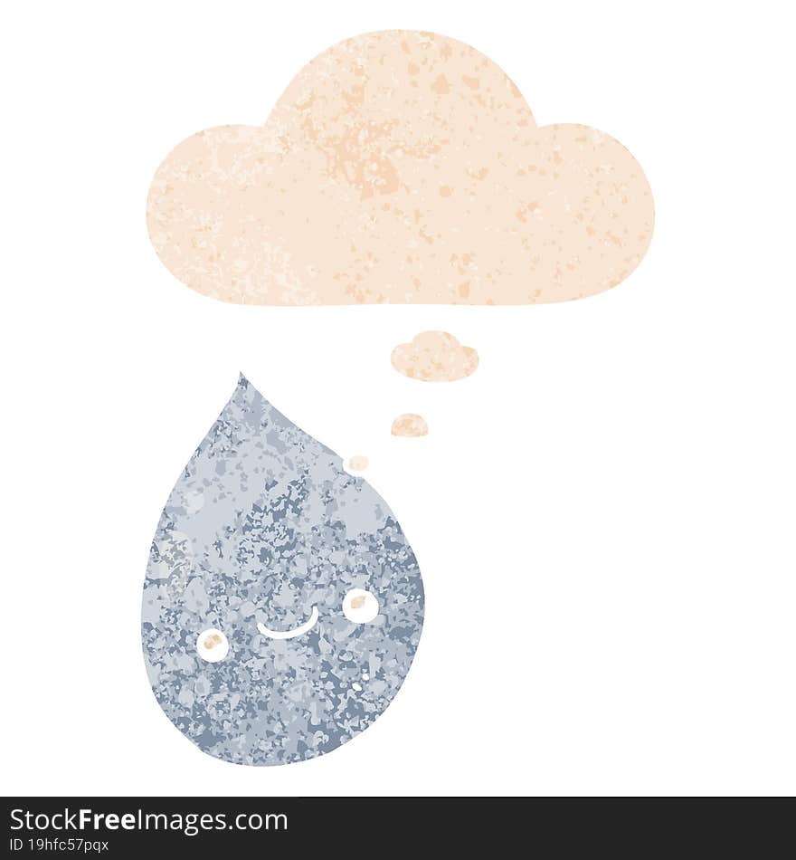 Cartoon Raindrop And Thought Bubble In Retro Textured Style