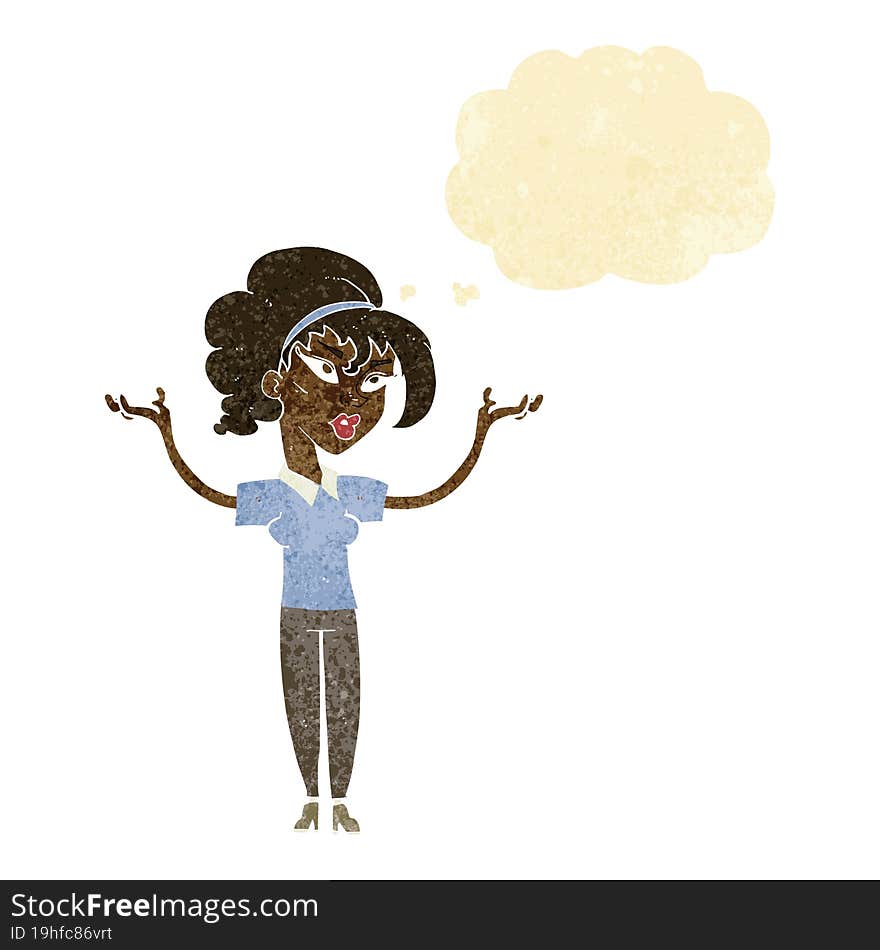 cartoon woman raising hands in air with thought bubble