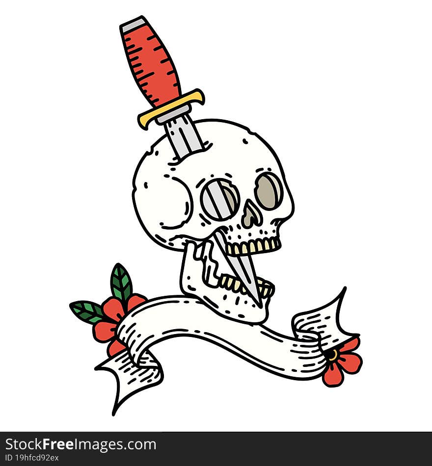 Tattoo With Banner Of A Skull And Dagger