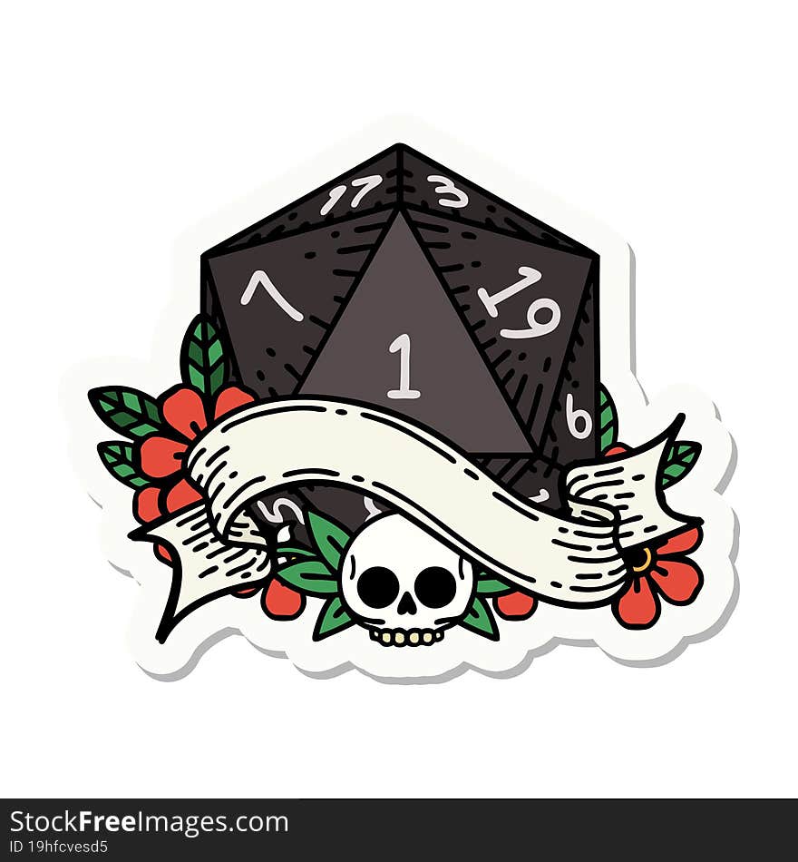 sticker of a natural one d20 dice roll. sticker of a natural one d20 dice roll