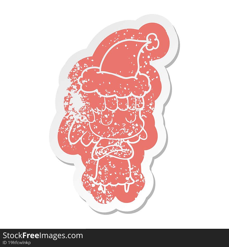 quirky cartoon distressed sticker of a indifferent woman wearing santa hat