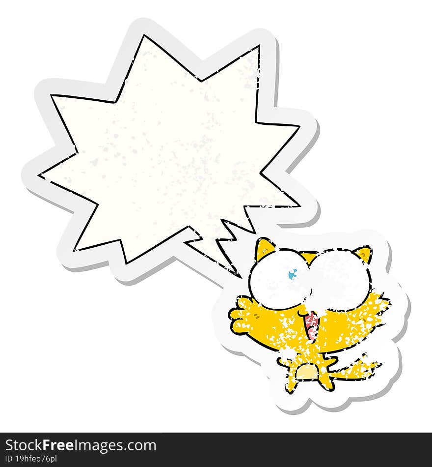 cute cartoon crazy cat and speech bubble distressed sticker