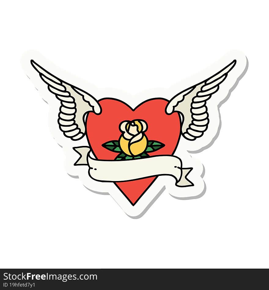 tattoo style sticker of a heart with wings a rose and banner