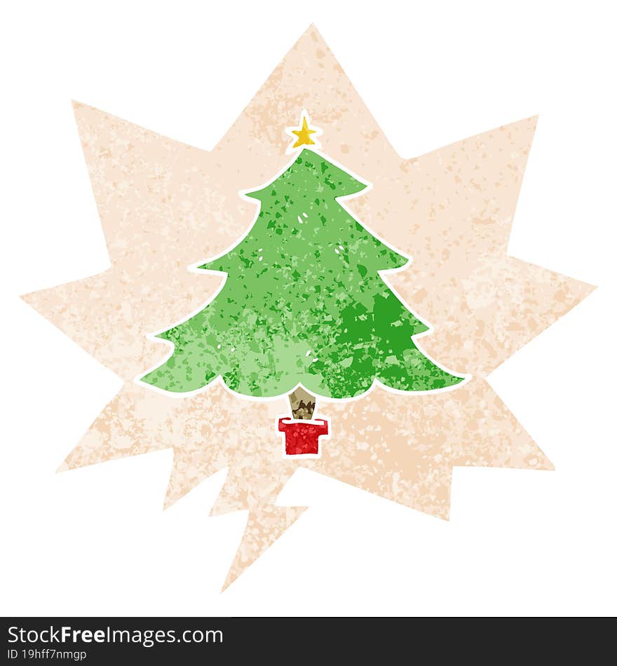 Cartoon Christmas Tree And Speech Bubble In Retro Textured Style