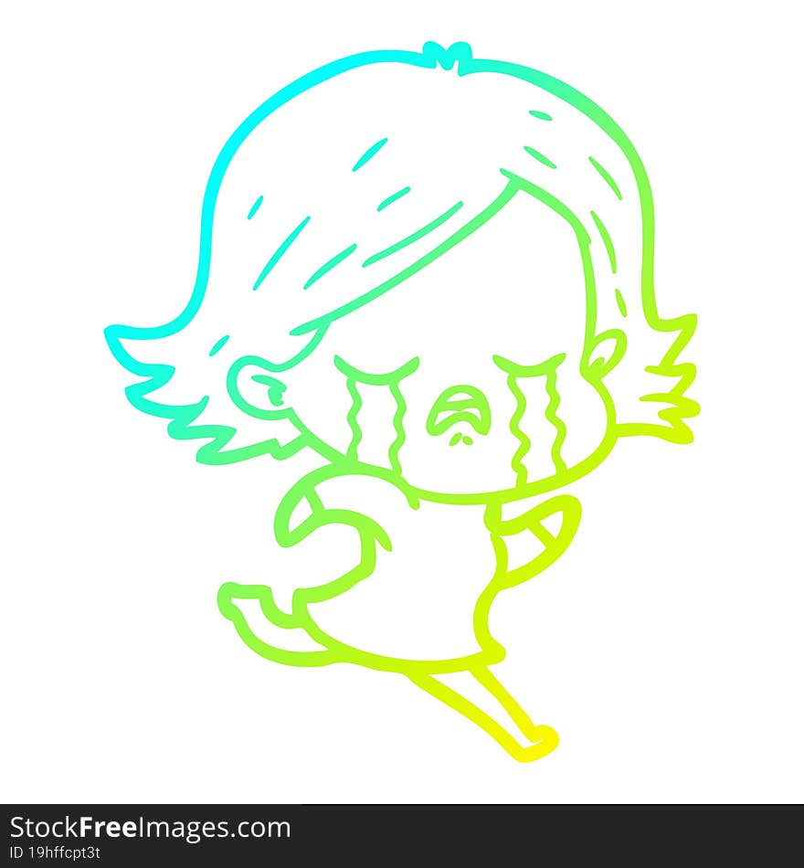 cold gradient line drawing cartoon girl crying whilst running