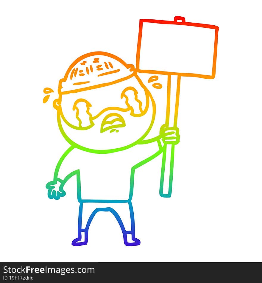 rainbow gradient line drawing cartoon bearded protester crying