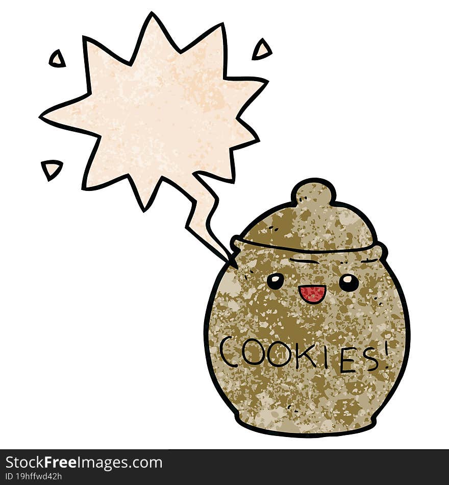 cute cartoon cookie jar and speech bubble in retro texture style