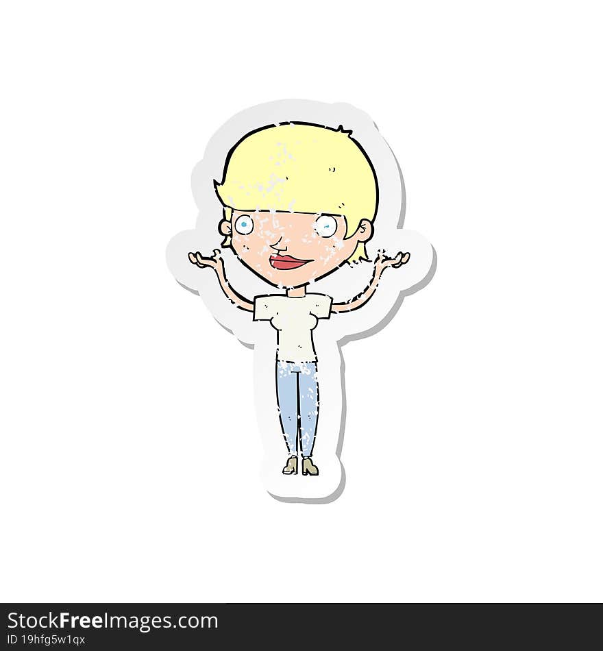 retro distressed sticker of a cartoon woman holding arms in air