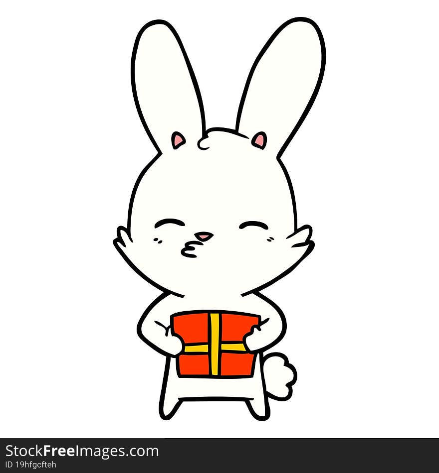 curious bunny cartoon with present. curious bunny cartoon with present