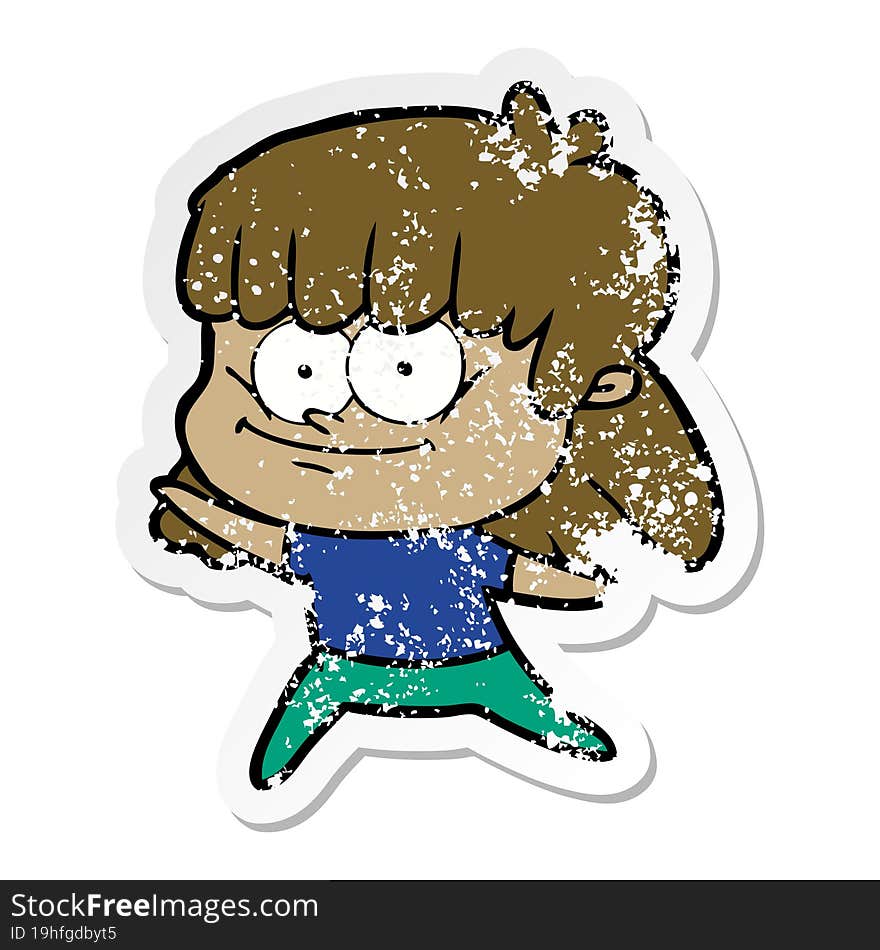 distressed sticker of a cartoon smiling woman