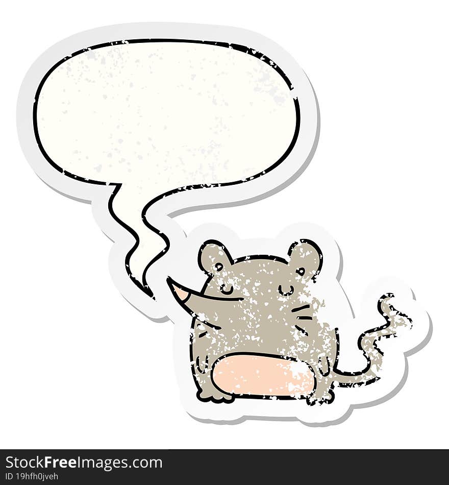 cartoon mouse with speech bubble distressed distressed old sticker. cartoon mouse with speech bubble distressed distressed old sticker