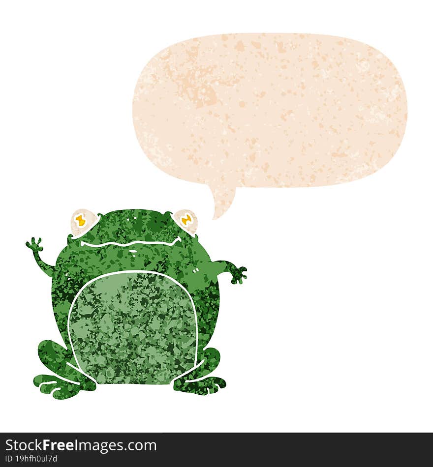 cartoon frog with speech bubble in grunge distressed retro textured style. cartoon frog with speech bubble in grunge distressed retro textured style