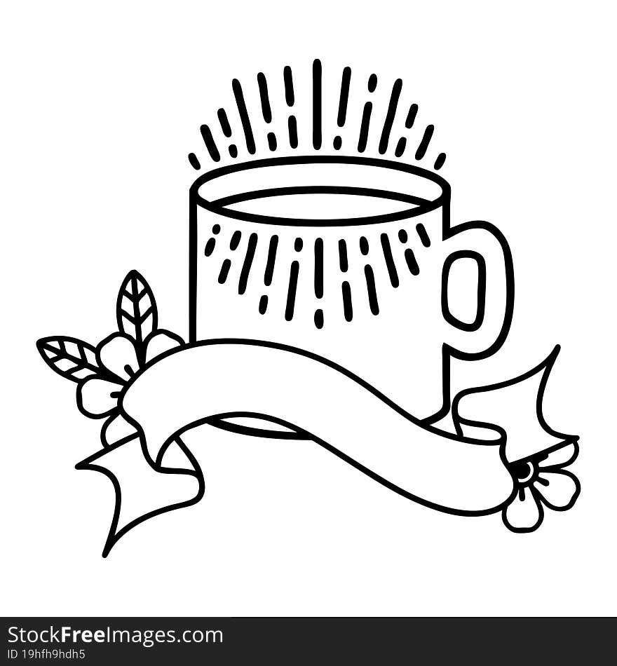 Black Linework Tattoo With Banner Of Cup Of Coffee