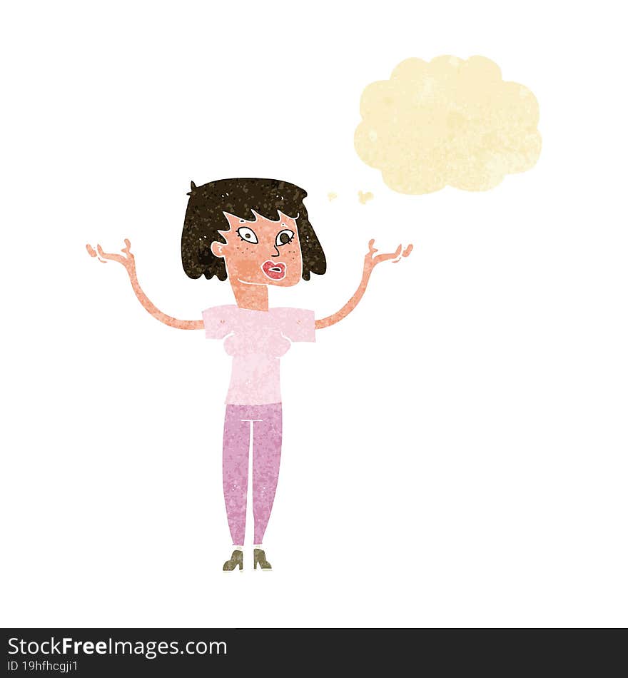 cartoon woman holding up hands with thought bubble