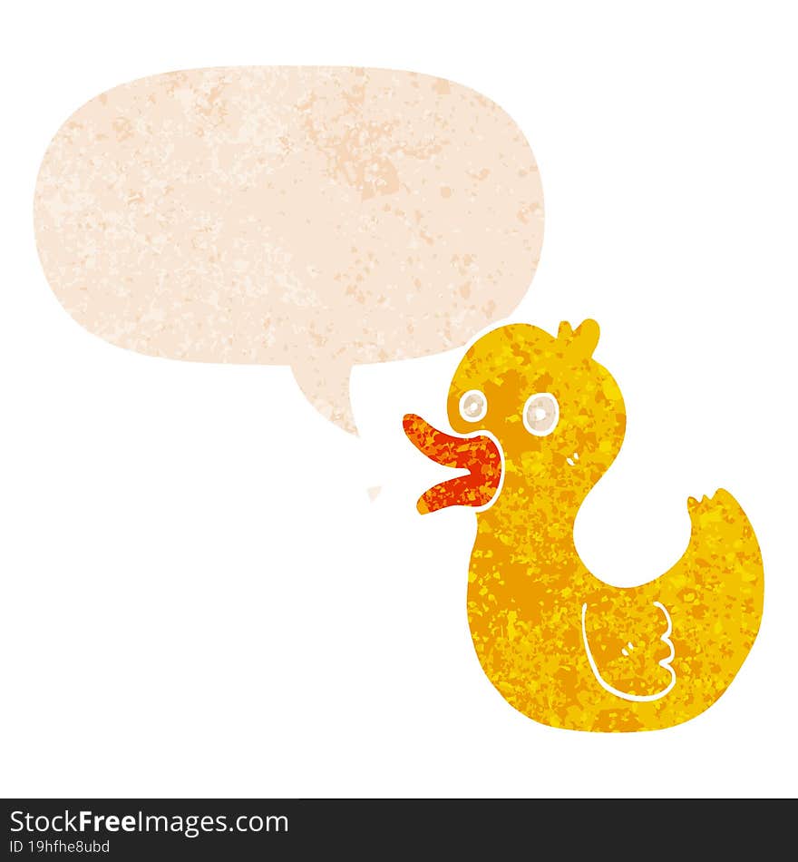 cartoon quacking duck and speech bubble in retro textured style