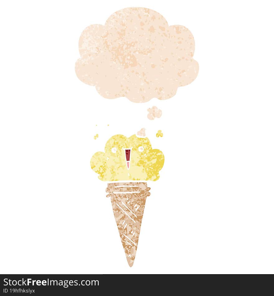 cartoon ice cream with face and thought bubble in retro textured style