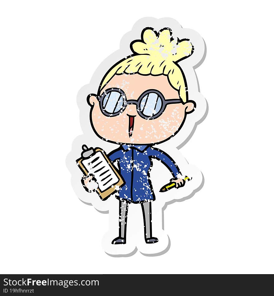 distressed sticker of a cartoon woman wearing spectacles