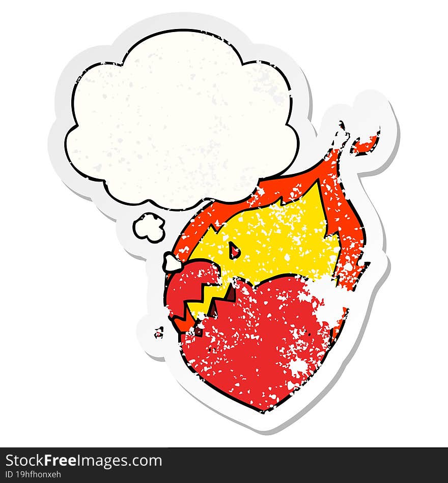 cartoon flaming heart and thought bubble as a distressed worn sticker