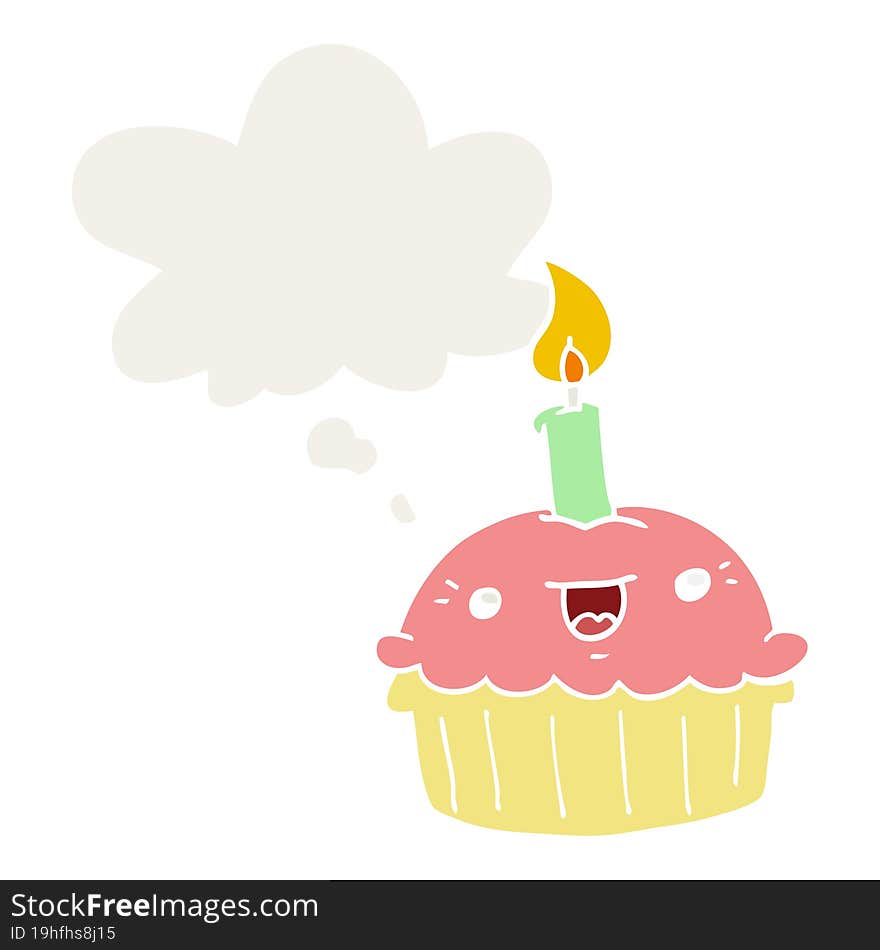 cartoon cupcake with candle and thought bubble in retro style