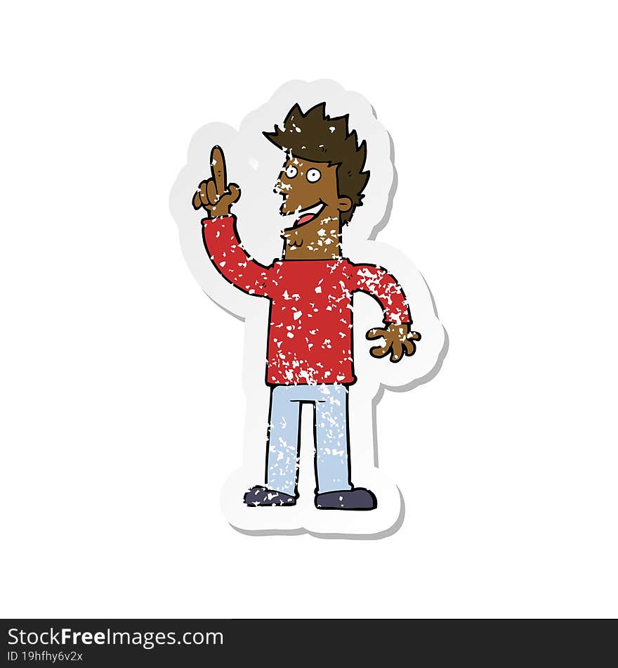 retro distressed sticker of a cartoon man with great new idea