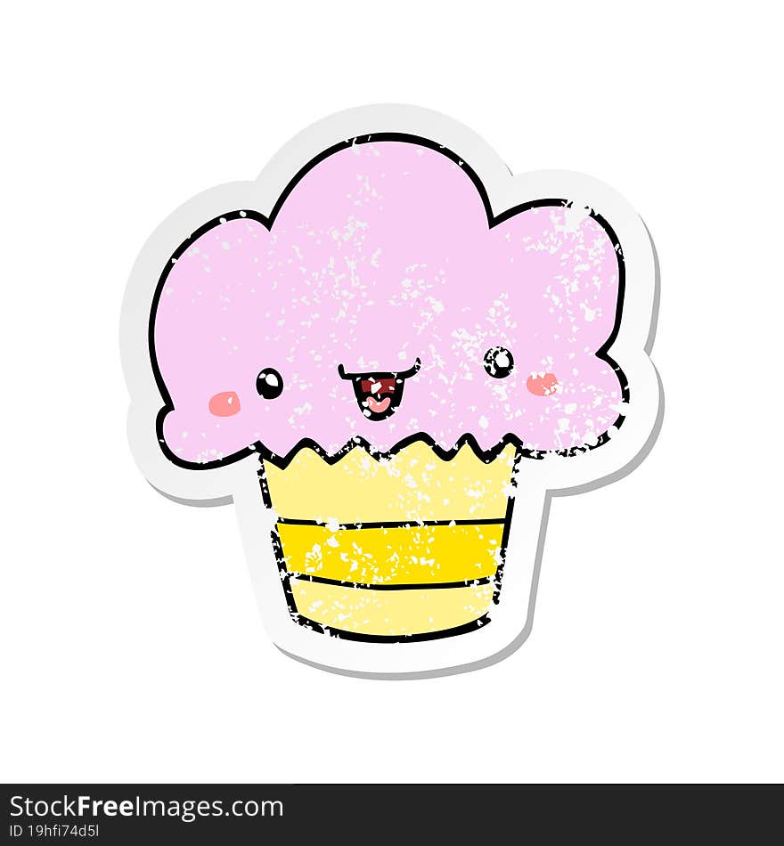 distressed sticker of a cartoon cupcake with face