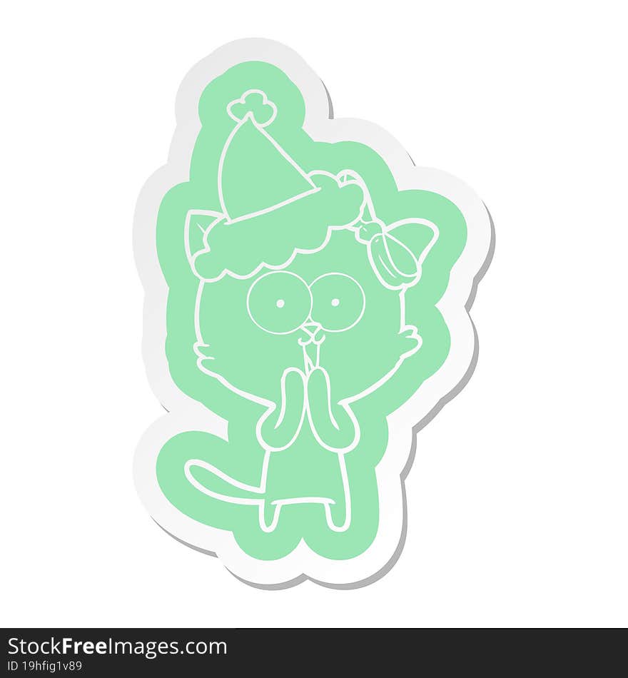 cartoon  sticker of a cat wearing santa hat