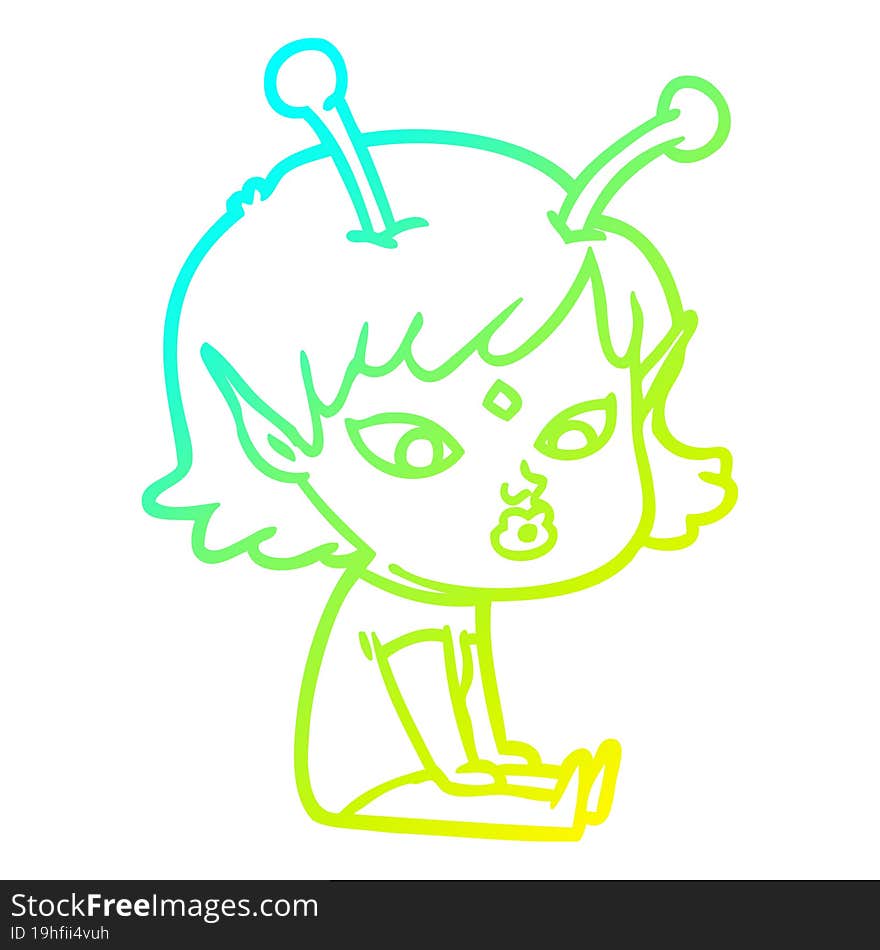 Cold Gradient Line Drawing Pretty Cartoon Alien Girl