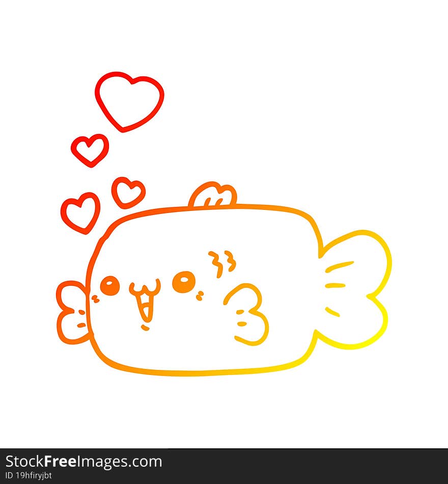 Warm Gradient Line Drawing Cute Cartoon Fish With Love Hearts