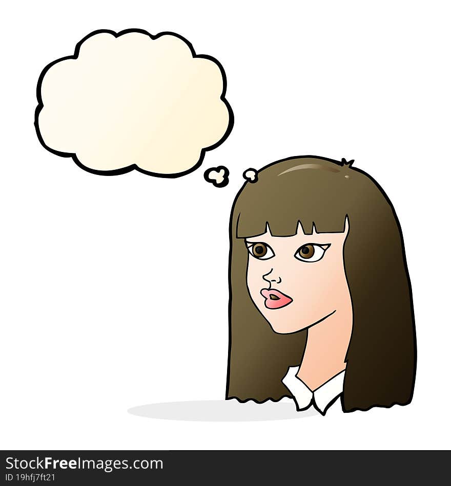 cartoon pretty girl with long hair with thought bubble