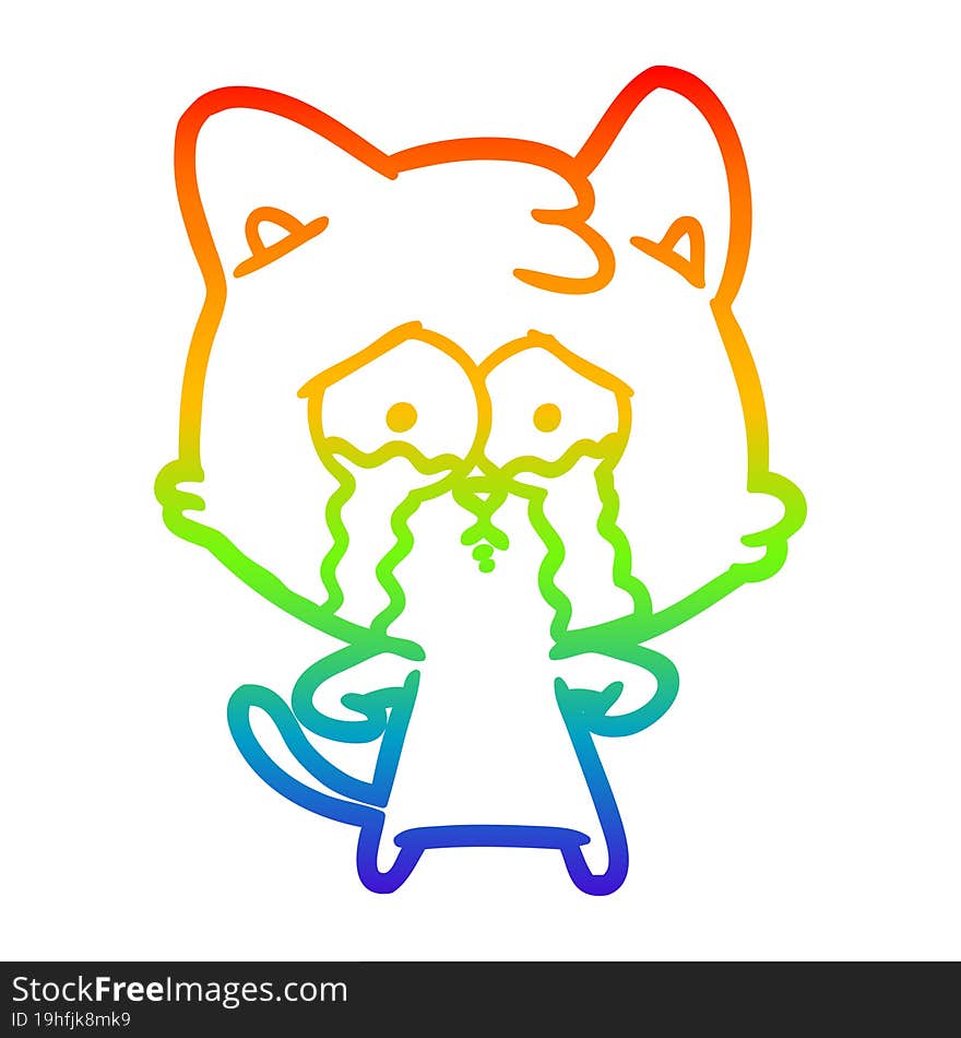 rainbow gradient line drawing of a cartoon crying cat