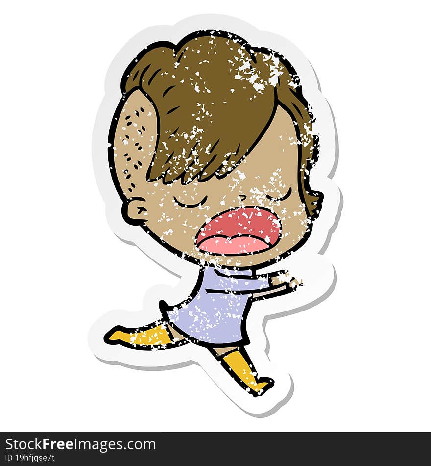 distressed sticker of a cartoon cool hipster girl talking