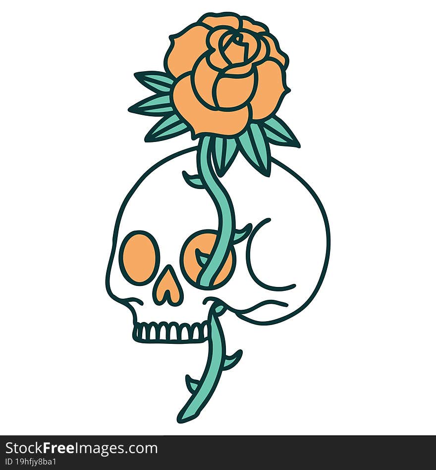 tattoo style icon of a skull and rose