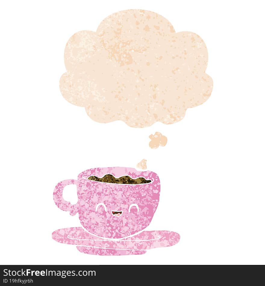 cartoon hot cup of coffee with thought bubble in grunge distressed retro textured style. cartoon hot cup of coffee with thought bubble in grunge distressed retro textured style