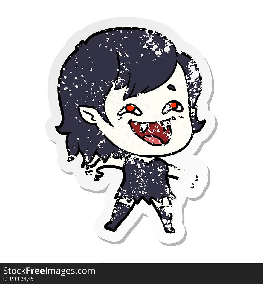 distressed sticker of a cartoon laughing vampire girl