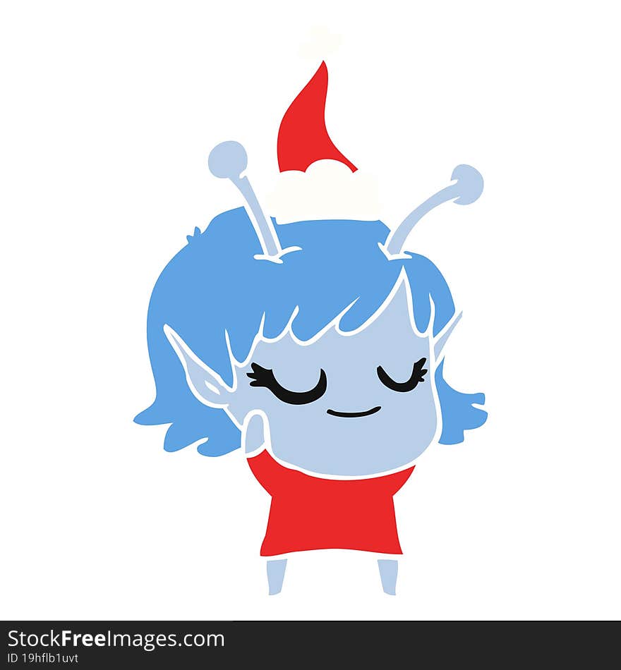 smiling alien girl flat color illustration of a wearing santa hat