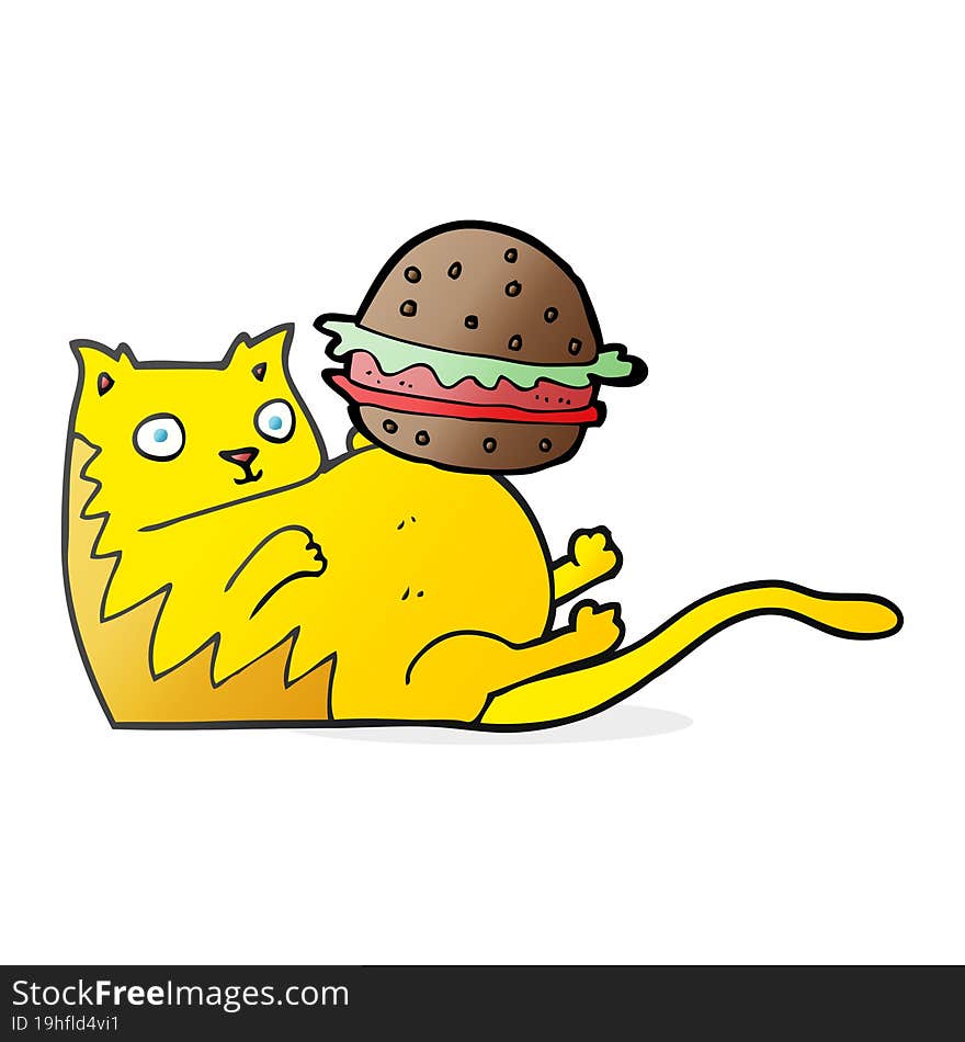 freehand drawn cartoon fat cat with burger