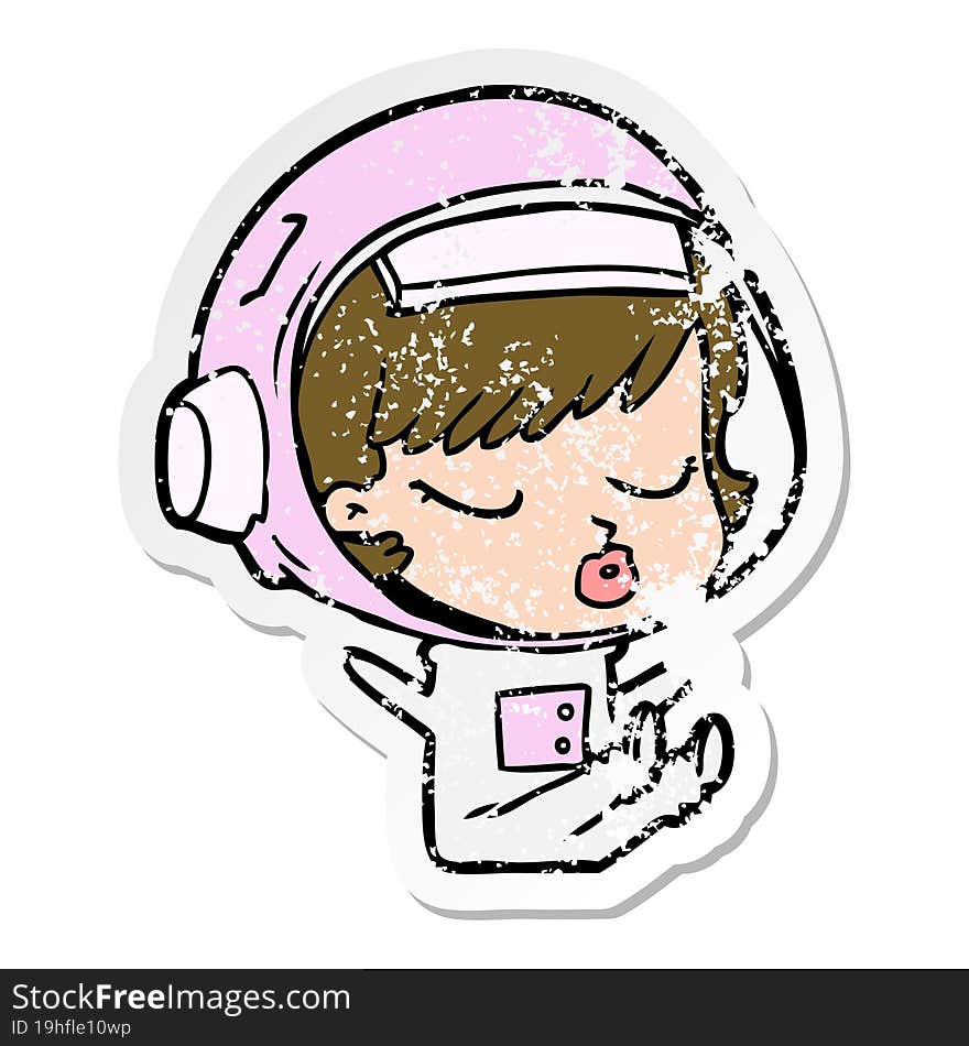 distressed sticker of a cartoon pretty astronaut girl