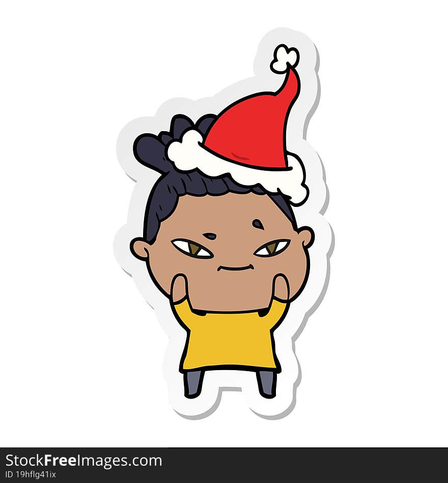 hand drawn sticker cartoon of a woman wearing santa hat