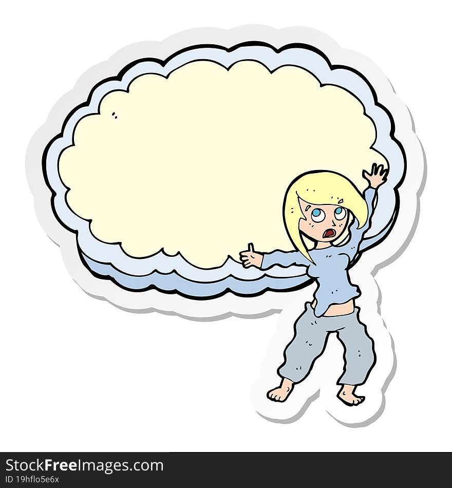 sticker of a cartoon stressed out woman in front of cloud