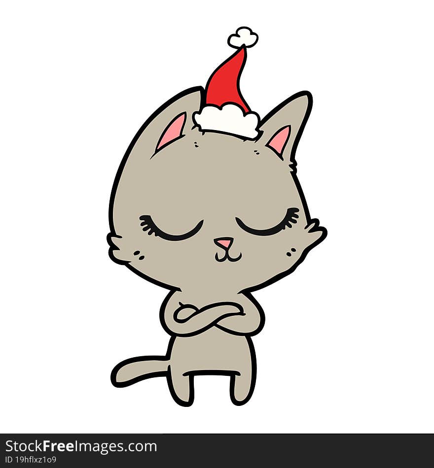 calm line drawing of a cat wearing santa hat