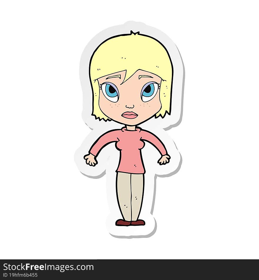 sticker of a cartoon woman shrugging shoulders